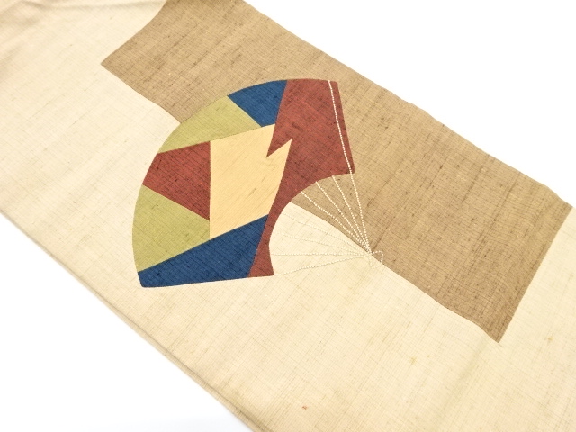 アンティーク　手織り紬相良刺繍切りばめ扇模様名古屋帯